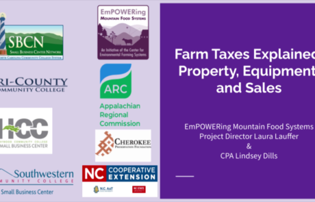 Farm Taxes Explained: Property, Equipment, Sales presented by Empowering Mountain Food Systems Project Director Laura Lauffer and CPA Lindsey Dills