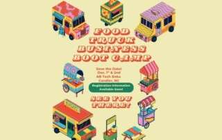 cartoon images of food trucks and food carts surrounding save the date text