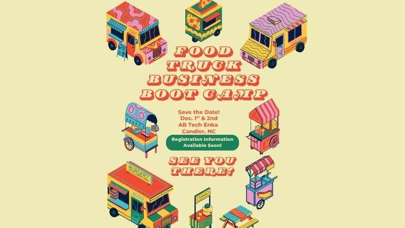 cartoon images of food trucks and food carts surrounding save the date text