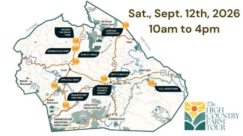map of Watauga county with 7 farms highlighted by location.