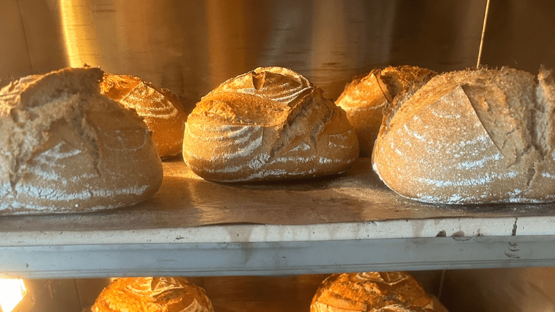 loaves of fresh bread cooling on baking racks